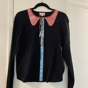 Black Sweater with Pink Scalloped Collar and Blue Front Trim